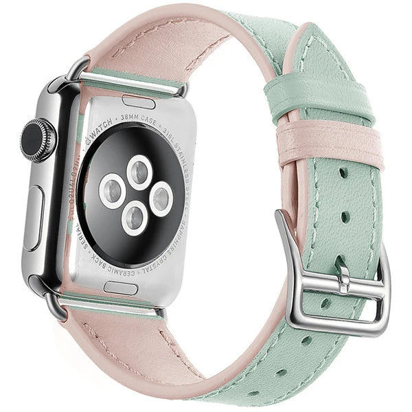Ally Apple Watch Ultra 49mm 7-8 45mm 6-5-4 44mm Hakiki Deri Kayış Kordon 3-2-1 42mm-(5775) - Üstü Pembe & Altı Yeşil