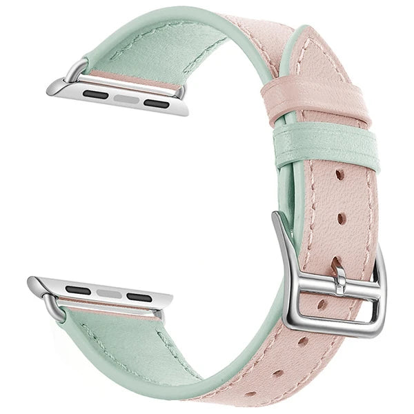 Ally Apple Watch Ultra 49mm 7-8 45mm 6-5-4 44mm Hakiki Deri Kayış Kordon 3-2-1 42mm-(5775) - Üstü Pembe & Altı Yeşil