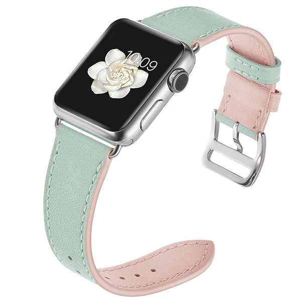 Ally Apple Watch Ultra 49mm 7-8 45mm 6-5-4 44mm Hakiki Deri Kayış Kordon 3-2-1 42mm-(5775) - Üstü Pembe & Altı Yeşil