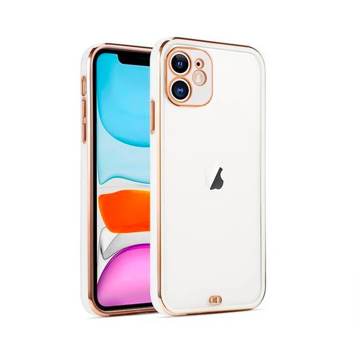 iPhone 12 Mini 5.4inç Gold Çerçeve Kamera Korumalı Bumper Kılıf-(5775) - Beyaz