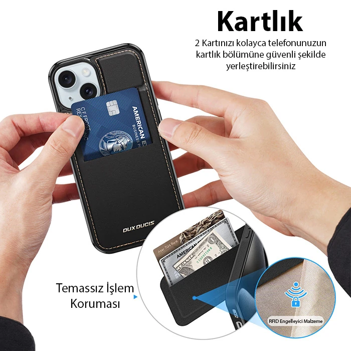 Dux Ducis iPhone 15 Plus Rafi Series MagSafe Premium Deri Kılıf-(5775) - Siyah