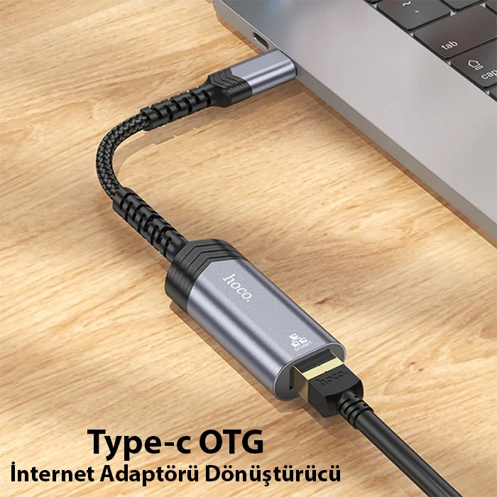 Hoco UA26 Type-c OTG RJ45 İnternet Adaptörü Dönüştürücü 1000 Mbps-(5775) - Gri