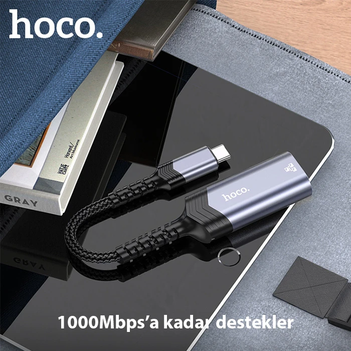 Hoco UA26 Type-c OTG RJ45 İnternet Adaptörü Dönüştürücü 1000 Mbps-(5775) - Gri