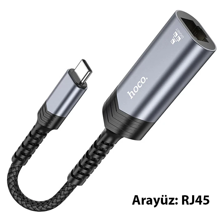Hoco UA26 Type-c OTG RJ45 İnternet Adaptörü Dönüştürücü 1000 Mbps-(5775) - Gri
