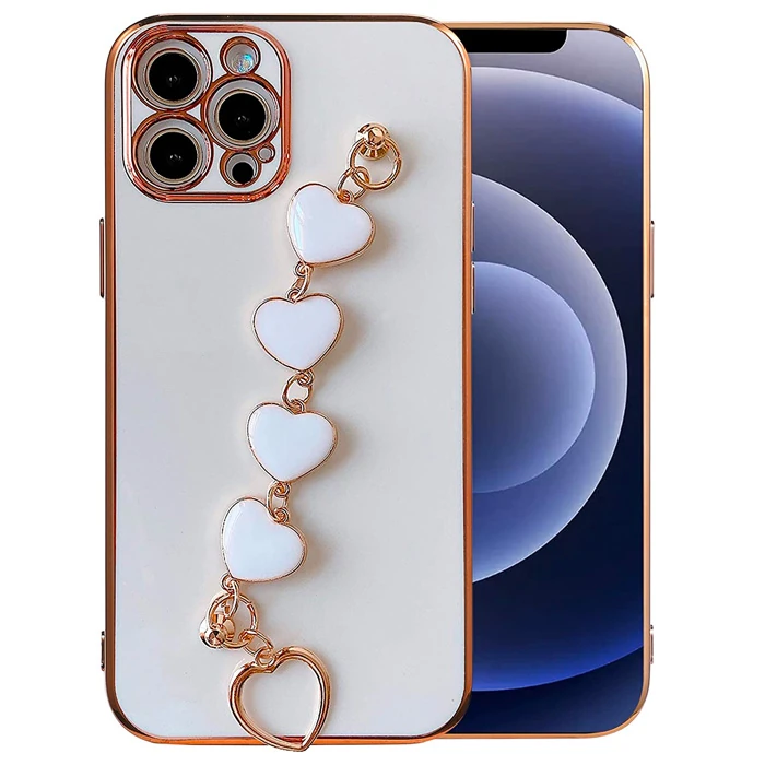 Ally iPhone 13 Pro 6.1inç Kılıf Kalp Bileklik Tutuculu Lüx Silikon Askılı Kılıf-(5775) - Beyaz