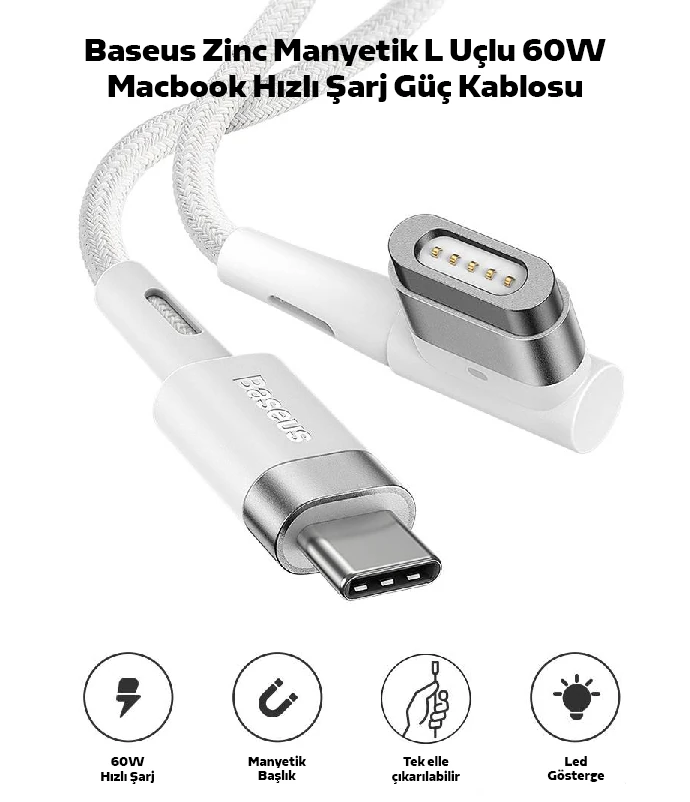 Baseus Zinc Manyetik L Uçlu 60W Macbook Hızlı Şarj Güç Kablosu 2m-(5775) - Beyaz