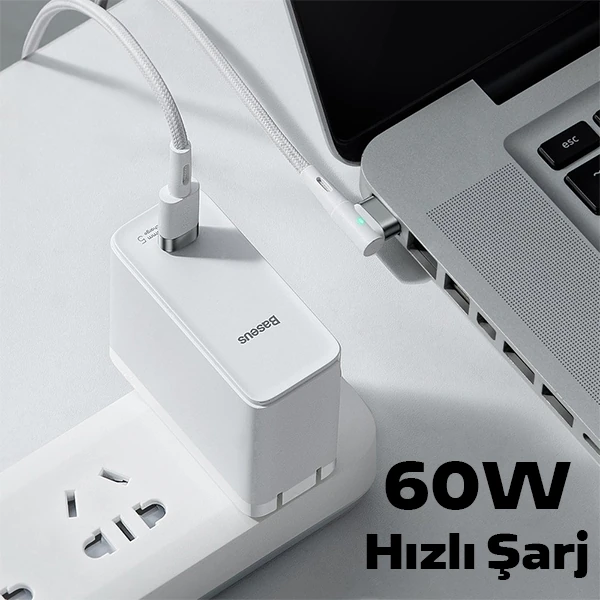 Baseus Zinc Manyetik L Uçlu 60W Macbook Hızlı Şarj Güç Kablosu 2m-(5775) - Beyaz