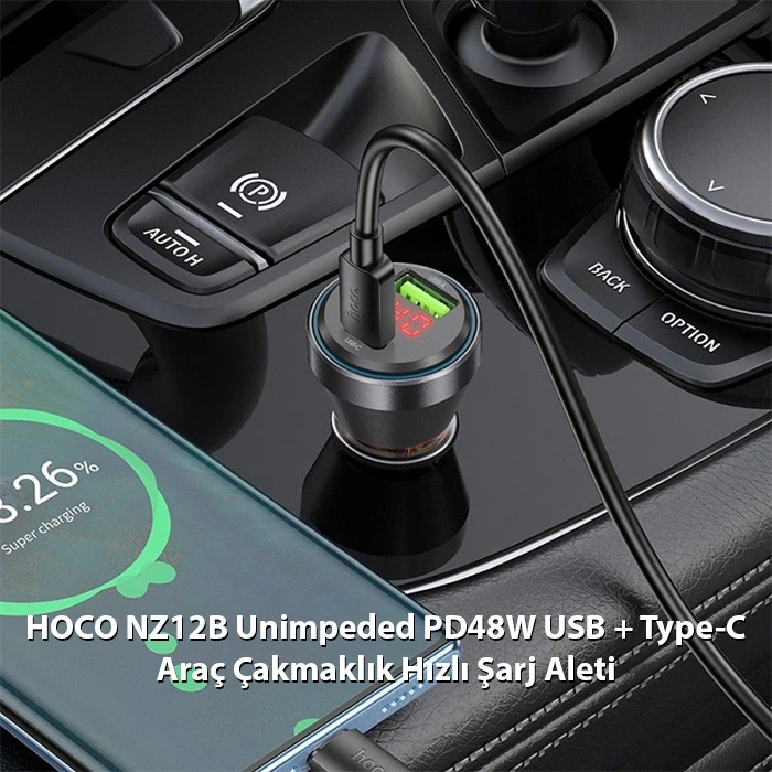 HOCO NZ12B Unimpeded PD48W USB + Type-C Araç Çakmaklık Hızlı Şarj Aleti-(5775) - Siyah