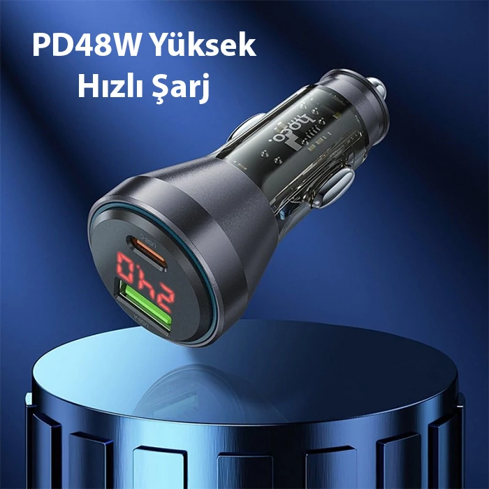 HOCO NZ12B Unimpeded PD48W USB + Type-C Araç Çakmaklık Hızlı Şarj Aleti-(5775) - Siyah