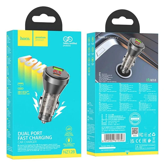 HOCO NZ12B Unimpeded PD48W USB + Type-C Araç Çakmaklık Hızlı Şarj Aleti-(5775) - Siyah
