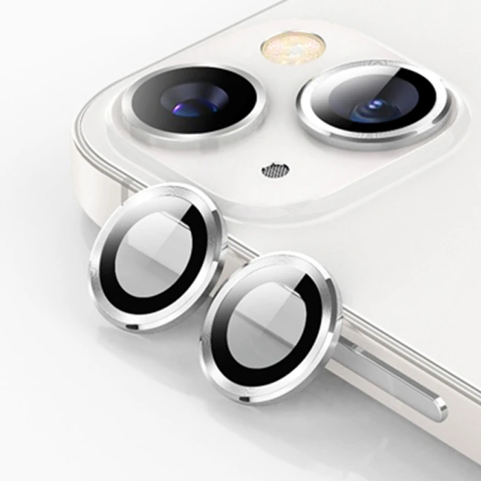 ALLY iPhone 14-14 Plus 3D Metal Çerçeveli Kamera Lens Koruyucu-(5775) - Gümüş