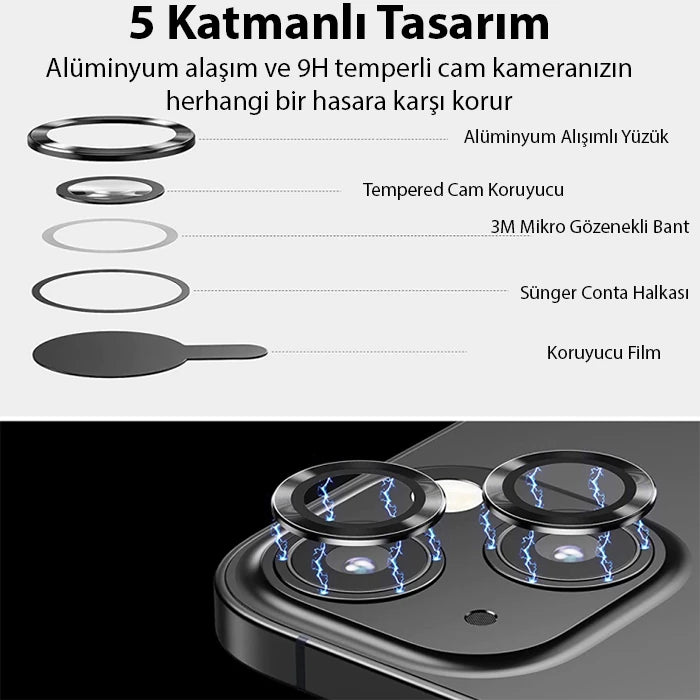ALLY iPhone 14-14 Plus 3D Metal Çerçeveli Kamera Lens Koruyucu-(5775) - Mor