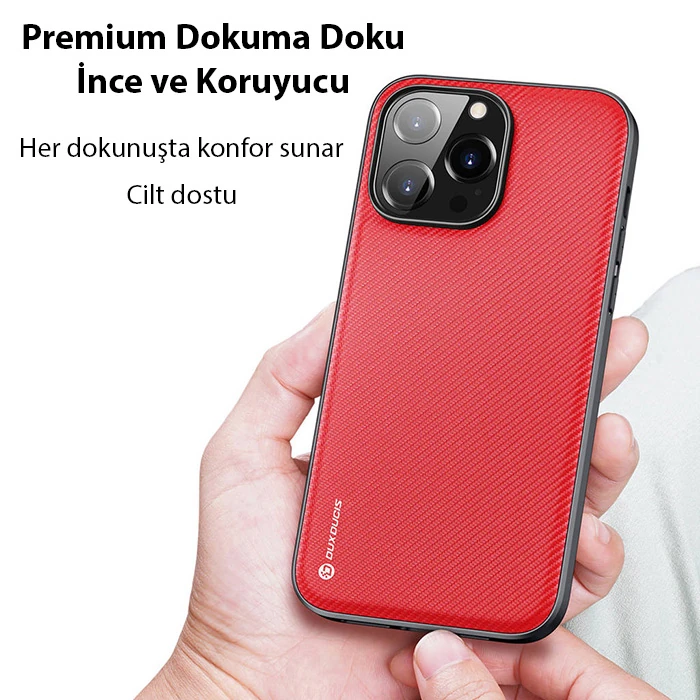 Dux Ducis Fino Serisi iPhone 14 Pro 6.1 inç Kılıf Premium Dokuma Silikon Kılıf-(5775) - Kırmızı