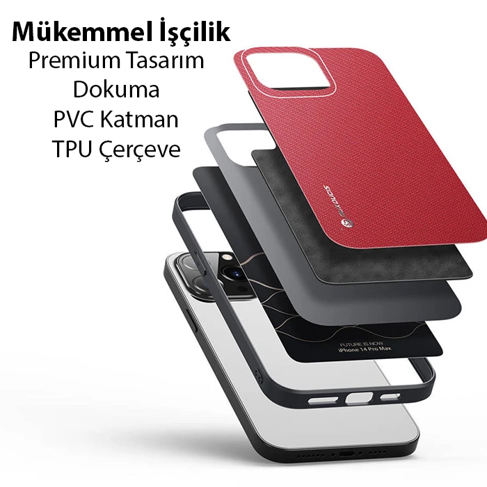Dux Ducis Fino Serisi iPhone 14 Pro 6.1 inç Kılıf Premium Dokuma Silikon Kılıf-(5775) - Kırmızı