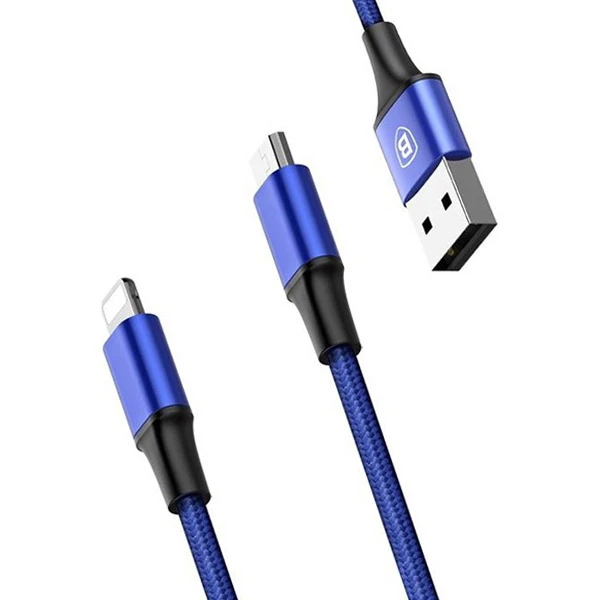 Baseus Rapid Series 2in1 İphone+ Micro Usb 3.0A Usb Kablo Şarj 120cm-(5775) - Mavi