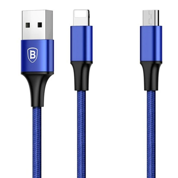 Baseus Rapid Series 2in1 İphone+ Micro Usb 3.0A Usb Kablo Şarj 120cm-(5775) - Mavi