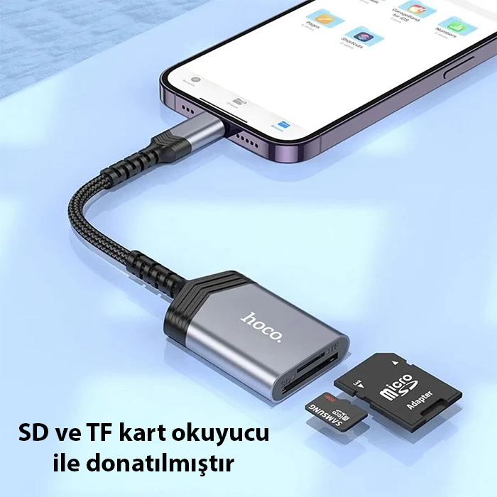 Hoco UA25 2-in-1 İPhone Lightning Kart Okuyucu-(5775) - Gri