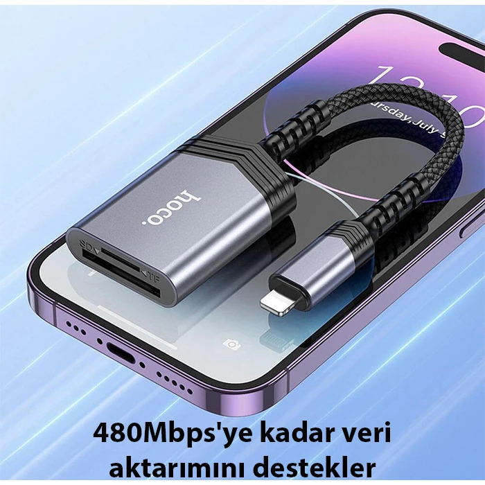Hoco UA25 2-in-1 İPhone Lightning Kart Okuyucu-(5775) - Gri