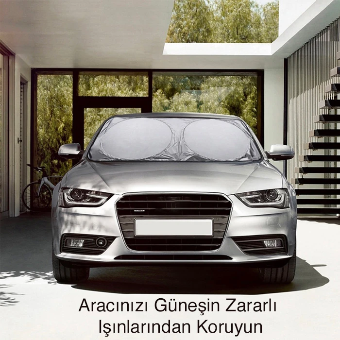 Araç Oto Ön Cam Çift Daireli Gümüş Kaplama Güneş Kalkanı Branda-(5775) - Gümüş
