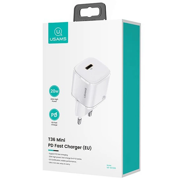 USAMS T36 20W Mini PD Hızlı Şarj Aleti 20W USB-C Güç Adaptörü-(5775) - Beyaz