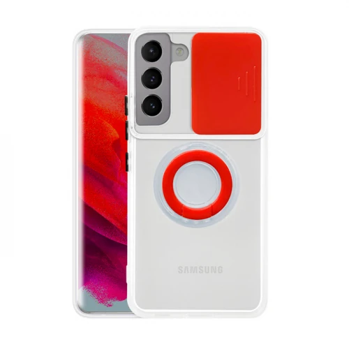 SM Galaxy S21 - S30 Kılıf Sürgülü Kamera Lens Korumalı Yüzük Standlı Silikon Kılıf-(5775) - Siyah