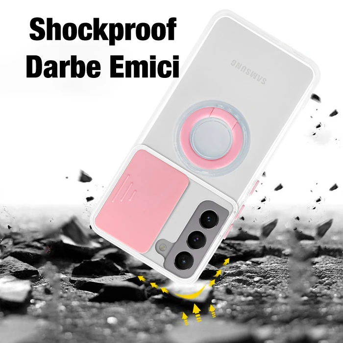 SM Galaxy S21 - S30 Kılıf Sürgülü Kamera Lens Korumalı Yüzük Standlı Silikon Kılıf-(5775) - Pembe