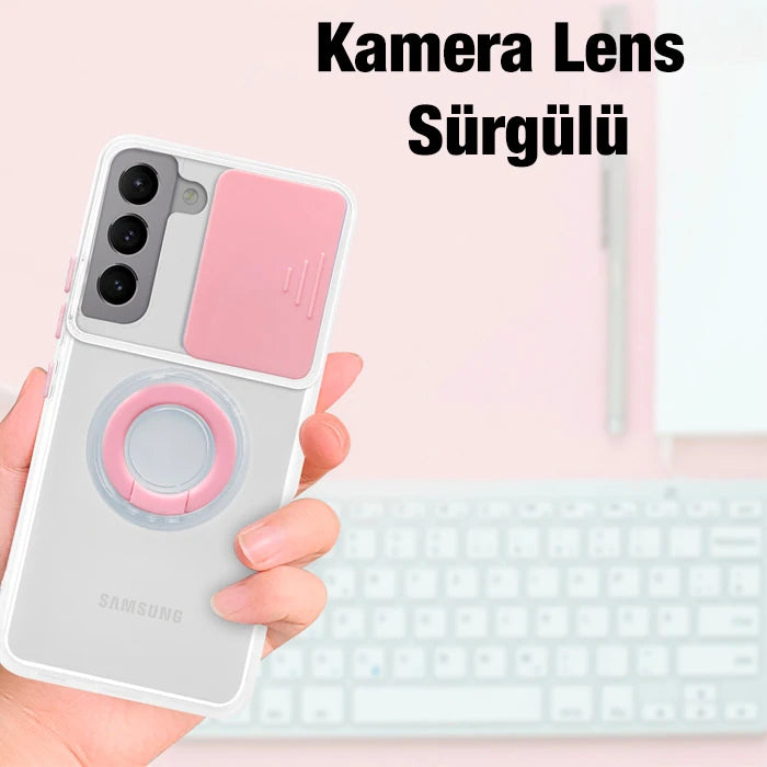SM Galaxy S21 - S30 Kılıf Sürgülü Kamera Lens Korumalı Yüzük Standlı Silikon Kılıf-(5775) - Siyah