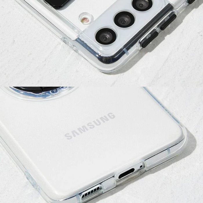 SM Galaxy S21 - S30 Kılıf Sürgülü Kamera Lens Korumalı Yüzük Standlı Silikon Kılıf-(5775) - Pembe