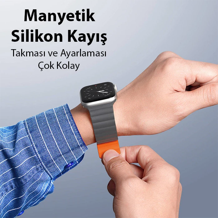 DUX DUCIS Apple Watch 42/44/45MM için Manyetik Zincir Versiyon PU Deri Kayış Kordon-(5775) - Mavi