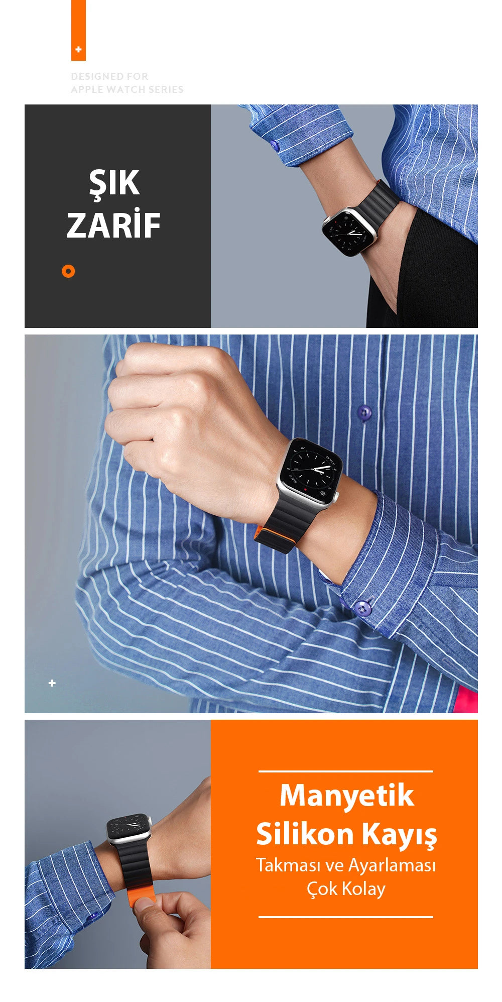 DUX DUCIS Apple Watch 42/44/45MM için Manyetik Zincir Versiyon PU Deri Kayış Kordon-(5775) - Mavi