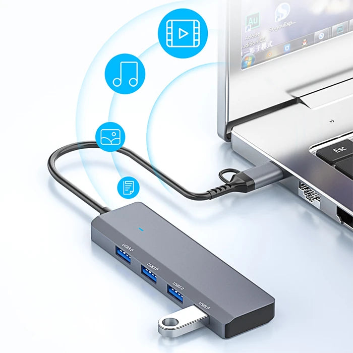 ALLY ADS-305D 4in1 USB/Type-C to 4X USB3.0 HUB Çoğaltıcı Çevirici Dönüştürücü Adaptör-(5775) - Gri