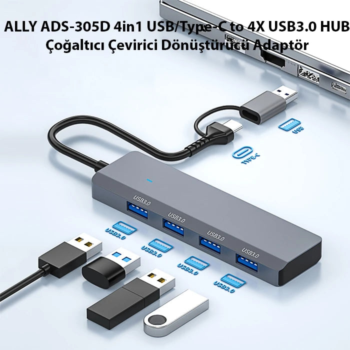 ALLY ADS-305D 4in1 USB/Type-C to 4X USB3.0 HUB Çoğaltıcı Çevirici Dönüştürücü Adaptör-(5775) - Gri
