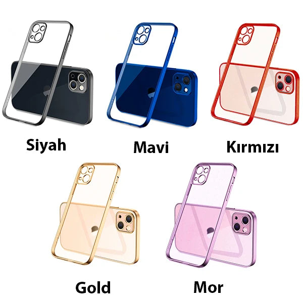 iPhone 13 6.1inç Renkli Kenar Şeffaf Kılıf Kamera Korumalı Silikon Kılıf-(5775) - Gold