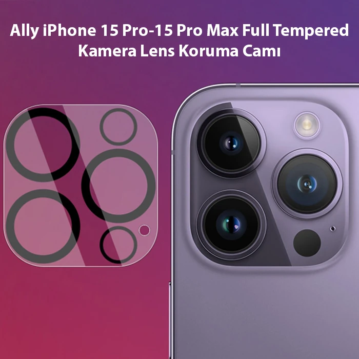Ally iPhone 15 Pro-15 Pro Max Full Tempered Kamera Lens Koruma Camı-(5775) - Siyah