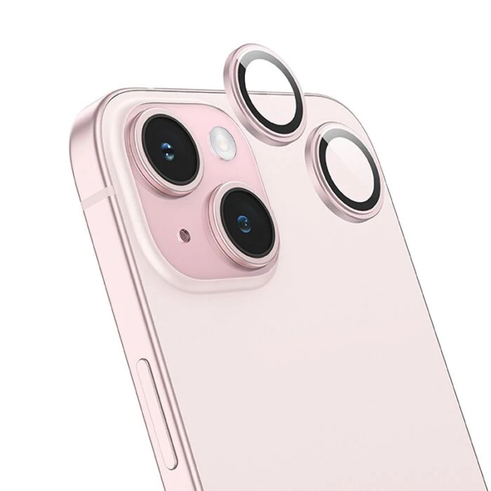 HOCO Crystal Clear iPhone 15-15 Plus HD 3D Metal Çerçeveli Kamera Koruyucu Lens-(5775) - Pembe