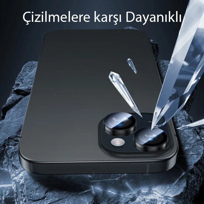 HOCO Crystal Clear iPhone 15-15 Plus HD 3D Metal Çerçeveli Kamera Koruyucu Lens-(5775) - Pembe