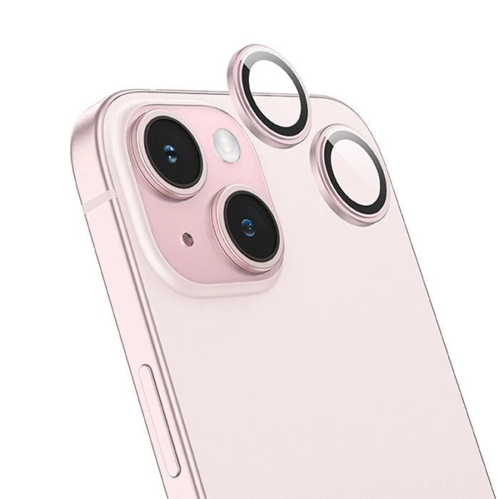 HOCO Crystal Clear iPhone 15-15 Plus HD 3D Metal Çerçeveli Kamera Koruyucu Lens-(5775) - Pembe