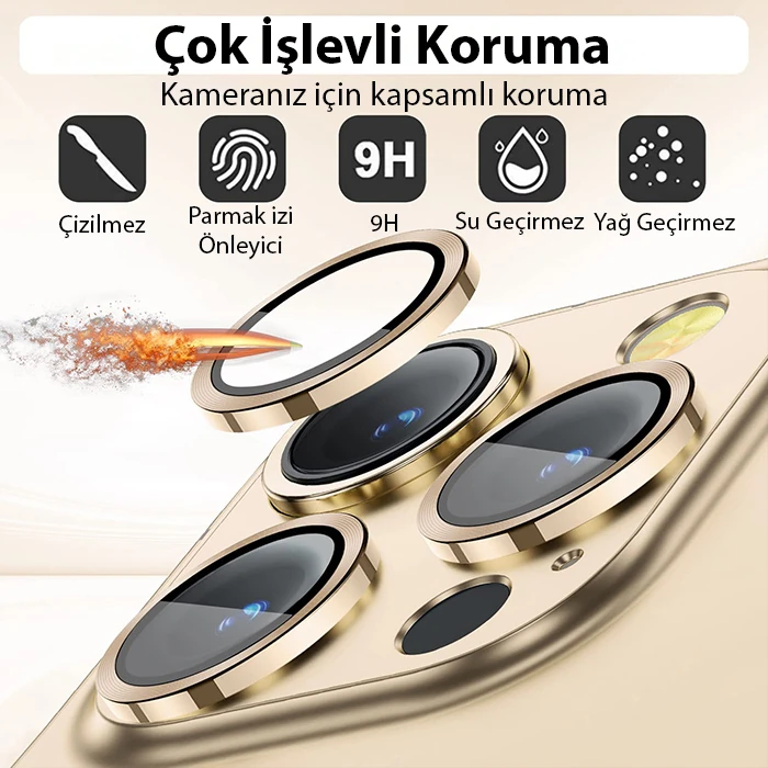 ALLY iPhone 14 Pro-14 Pro Max 3D Metal Çerçeveli Kamera Lens Koruyucu-(5775) - Gold