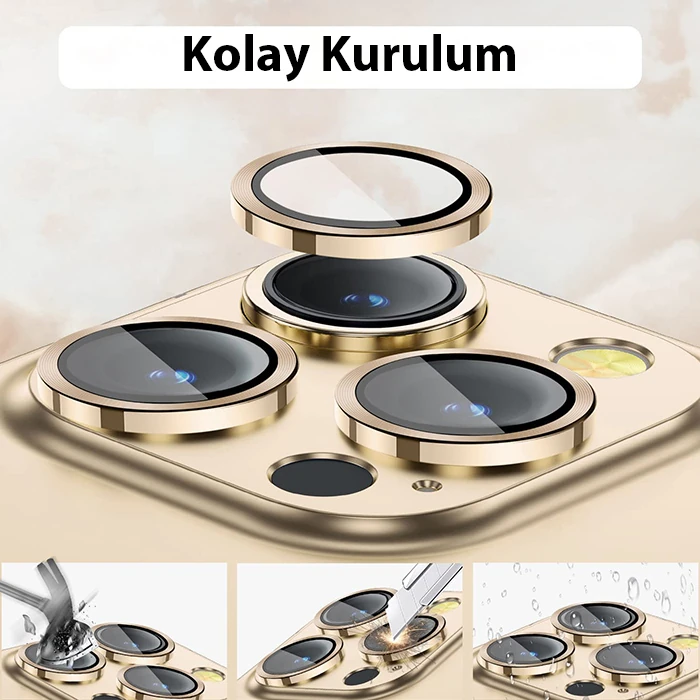 ALLY iPhone 14 Pro-14 Pro Max 3D Metal Çerçeveli Kamera Lens Koruyucu-(5775) - Gold