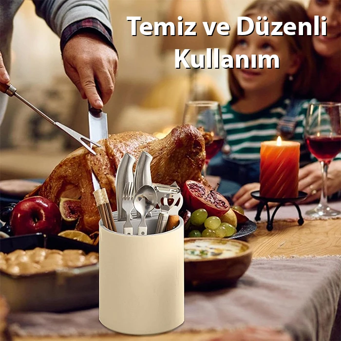 EZERE Çatal - Bıçak - Kaşık Saklama Ve Kurutma Kutusu Dönebilen Mutfak Düzenleyici-(5775) - Beyaz