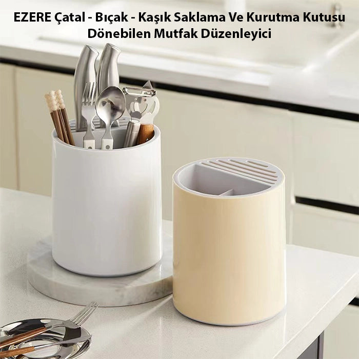 EZERE Çatal - Bıçak - Kaşık Saklama Ve Kurutma Kutusu Dönebilen Mutfak Düzenleyici-(5775) - Beyaz