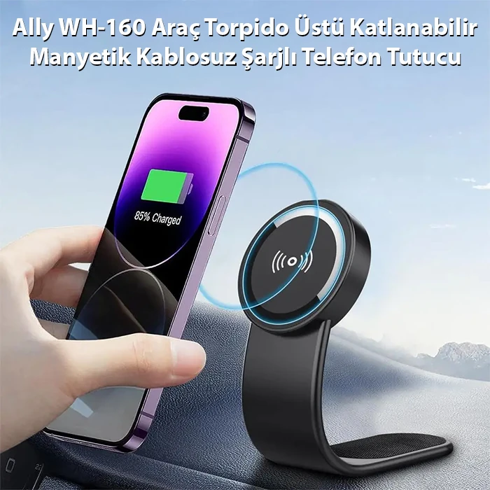 Ally WH-160 Araç Torpido Üstü Katlanabilir Manyetik Kablosuz Şarjlı Telefon Tutucu-(5775) - Siyah
