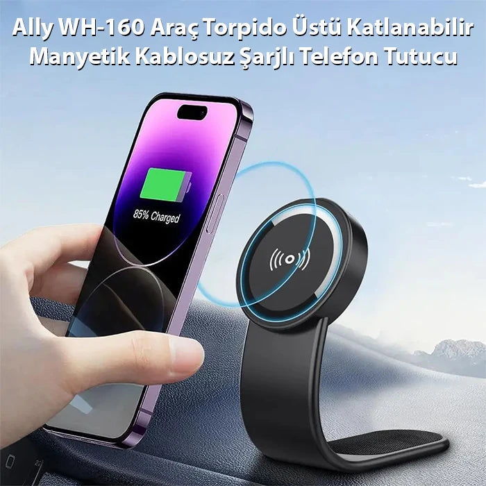 Ally WH-160 Araç Torpido Üstü Katlanabilir Manyetik Kablosuz Şarjlı Telefon Tutucu-(5775) - Siyah