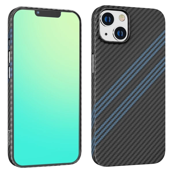 Hoco iPhone 14 Plus 6.7 Kılıf Kevlar Texture Darbe Emici Telefon Kılıfı-(5775) - Siyah-Mavi