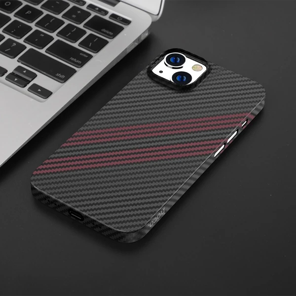 Hoco iPhone 14 Plus 6.7 Kılıf Kevlar Texture Darbe Emici Telefon Kılıfı-(5775) - Siyah-Mavi
