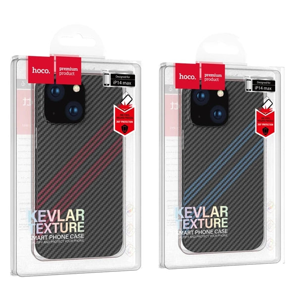 Hoco iPhone 14 Plus 6.7 Kılıf Kevlar Texture Darbe Emici Telefon Kılıfı-(5775) - Siyah-Mavi