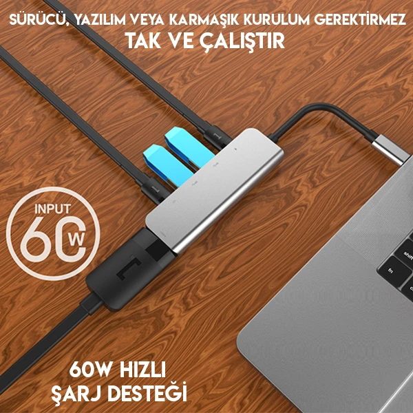 Ally Usb (Type-C to 5in1  Hdtv 2xUSB+2x PD) Hub Adaptör Çoklayıcı-(5775) - Gri