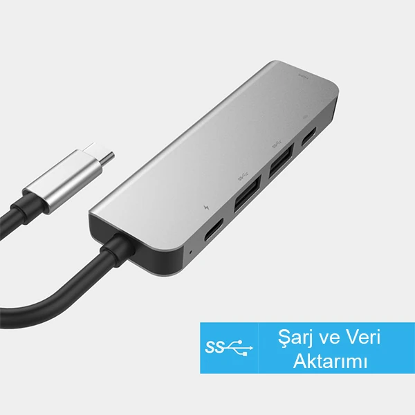 Ally Usb (Type-C to 5in1  Hdtv 2xUSB+2x PD) Hub Adaptör Çoklayıcı-(5775) - Gri