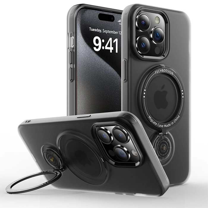 ALLY iPhone 15 Pro Max İçin Magsafe Uyumlu Standlı Manyetik Silikon Kılıf-(5775) - Siyah
