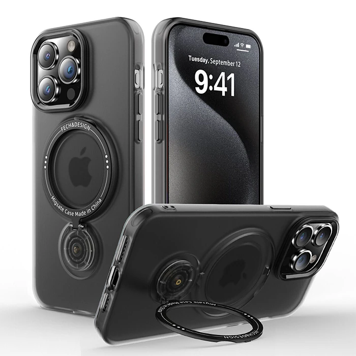 ALLY iPhone 15 Pro Max İçin Magsafe Uyumlu Standlı Manyetik Silikon Kılıf-(5775) - Siyah